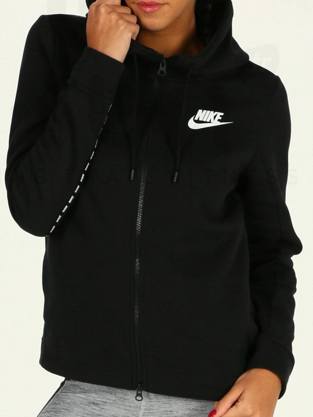 Nike Women’s Optic Fleece Black Full-Zip White Logo Hoodie Sweater